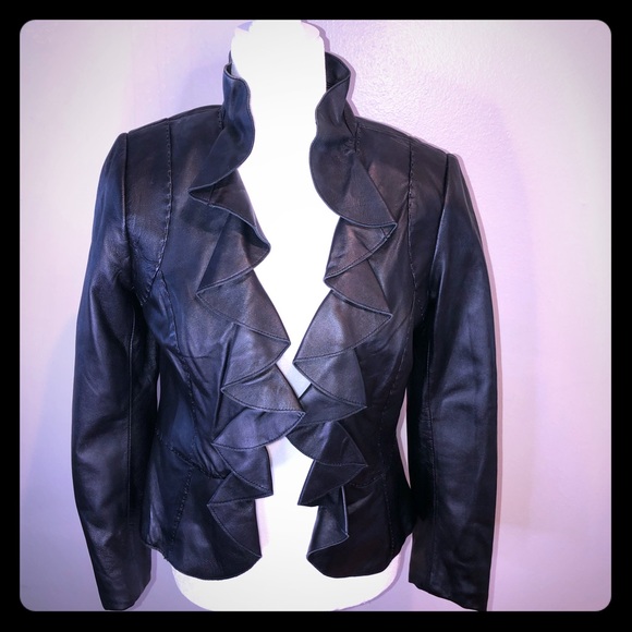 White House Black Market Jackets & Blazers - WHBM Black Leather jacket with ruffles  size Small